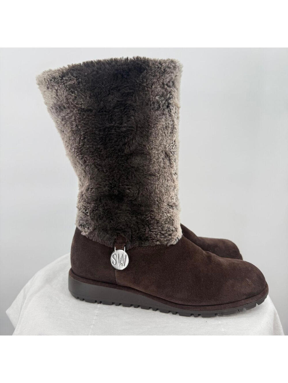 Women's Stuart Weitzman Faux Fur Lined Suede Mid Calf Winter Boots Dark Brown 6